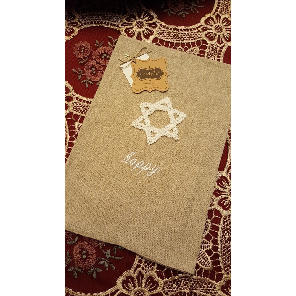 MUD PIE OATMEAL LINEN FRENCH KNOT EMBROIDERED Star of David GUEST HAND TOWEL - Picture 1 of 2